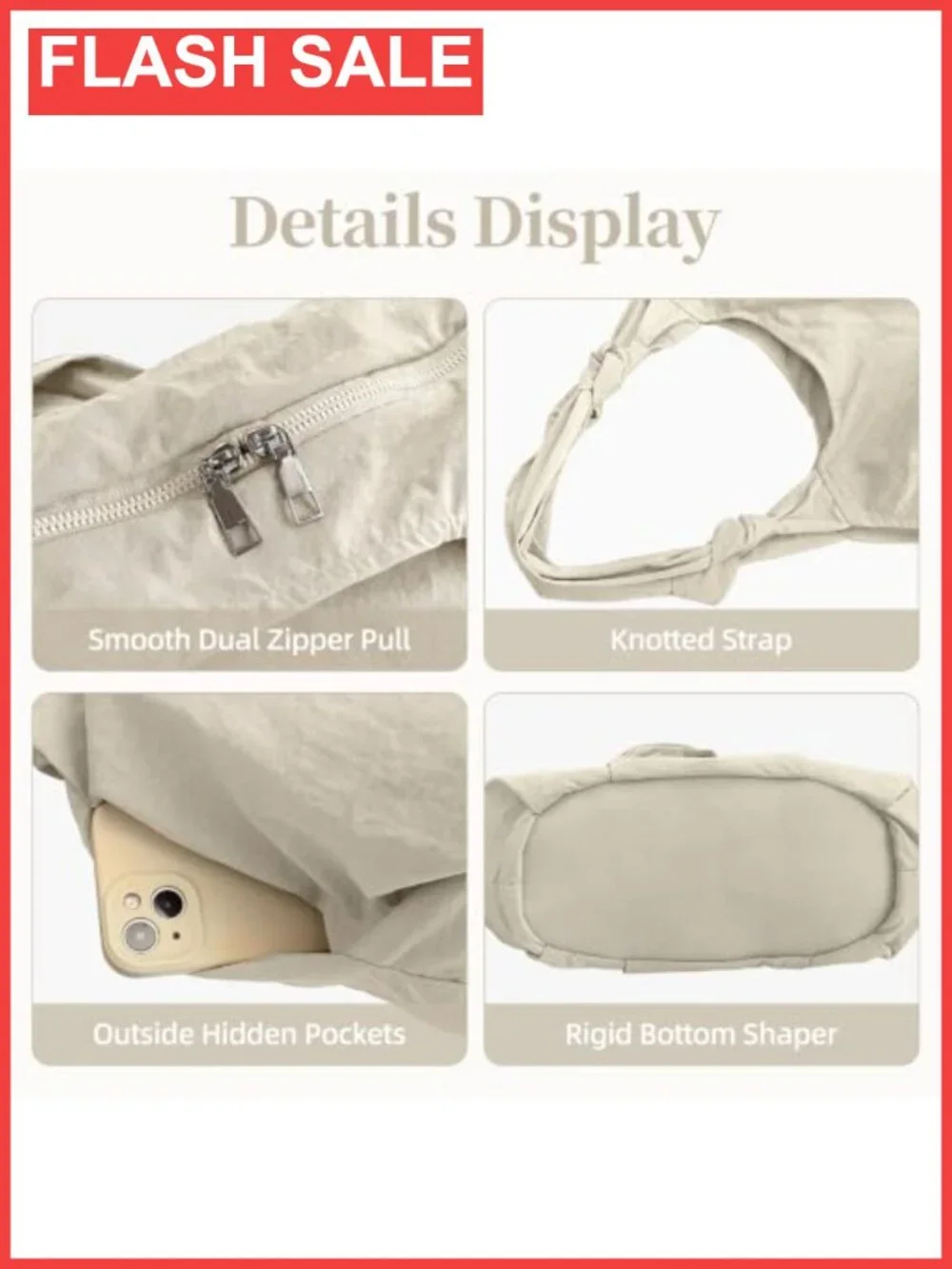 Nylon Slouchy Knotted Hobo Shoulder Bag Multi-Pocket Everyday Purse